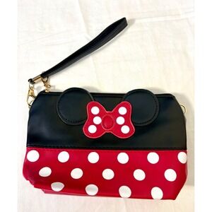 Disney Minnie Mouse Polka Dot Wristlet Pouch Black Red Bow Makeup Bag 7.75"x5.5"